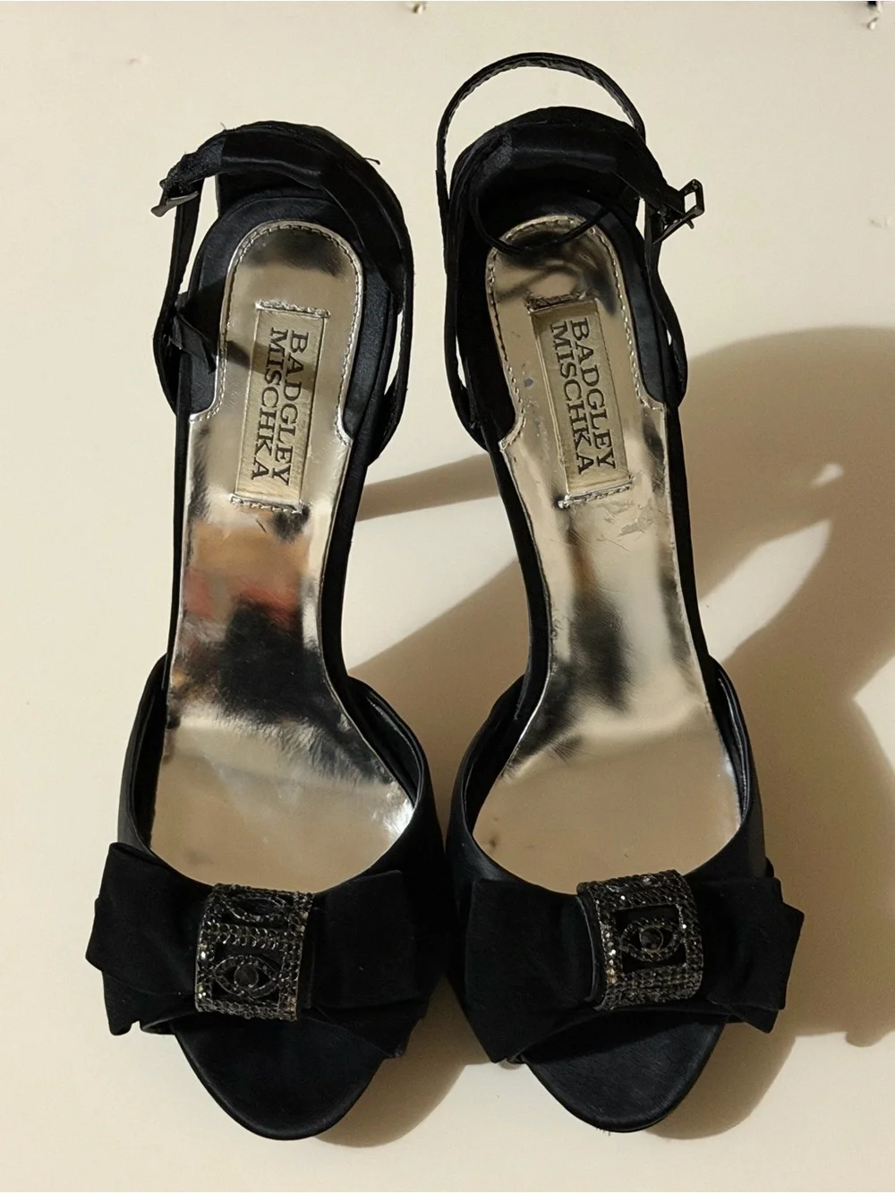 Badgley Mischka Vogue Black Satin Crystal D’Orsay 4” Stiletto Heels | Size 9